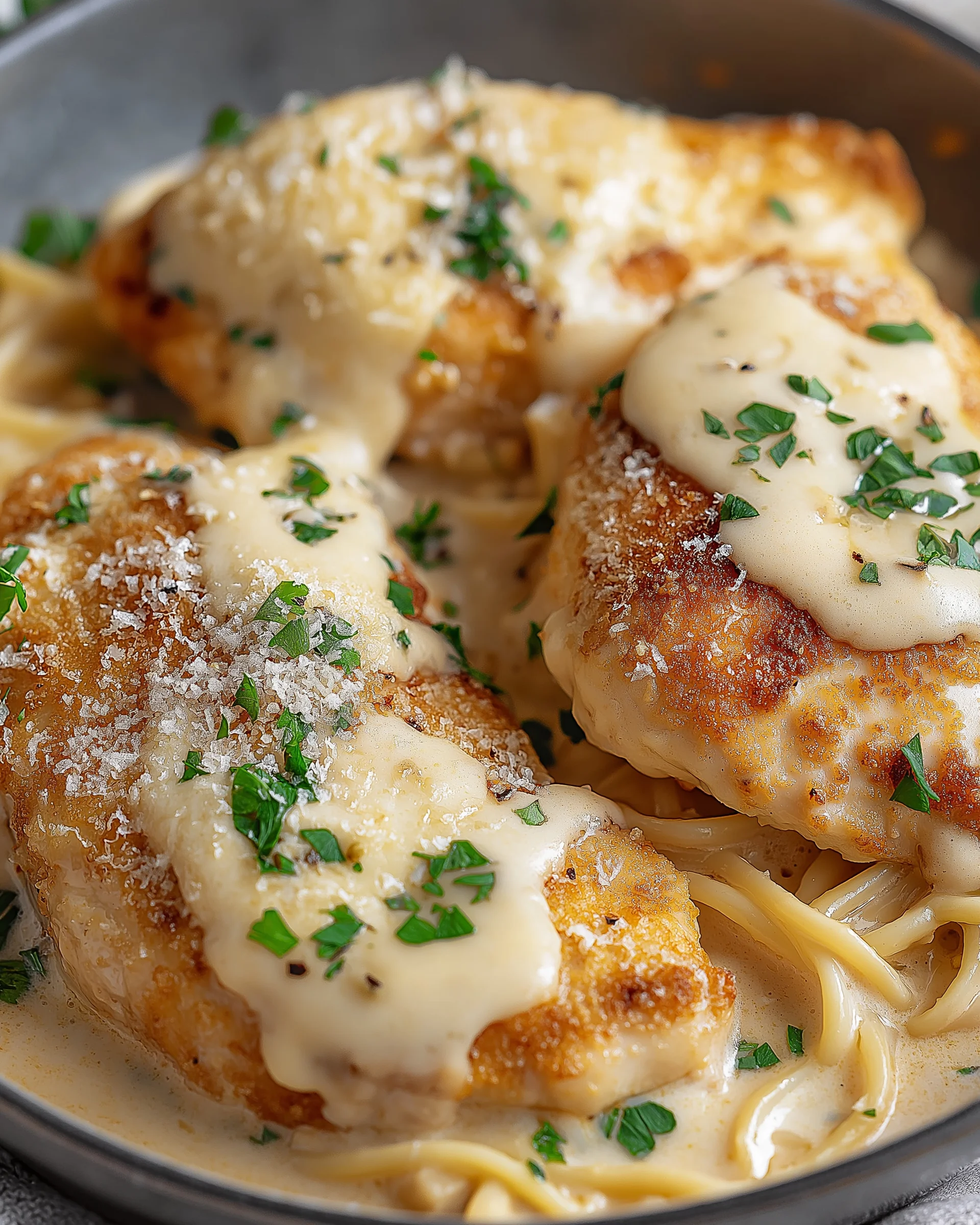 Crispy Parmesan Chicken with a Rich Garlic Sauce delights!