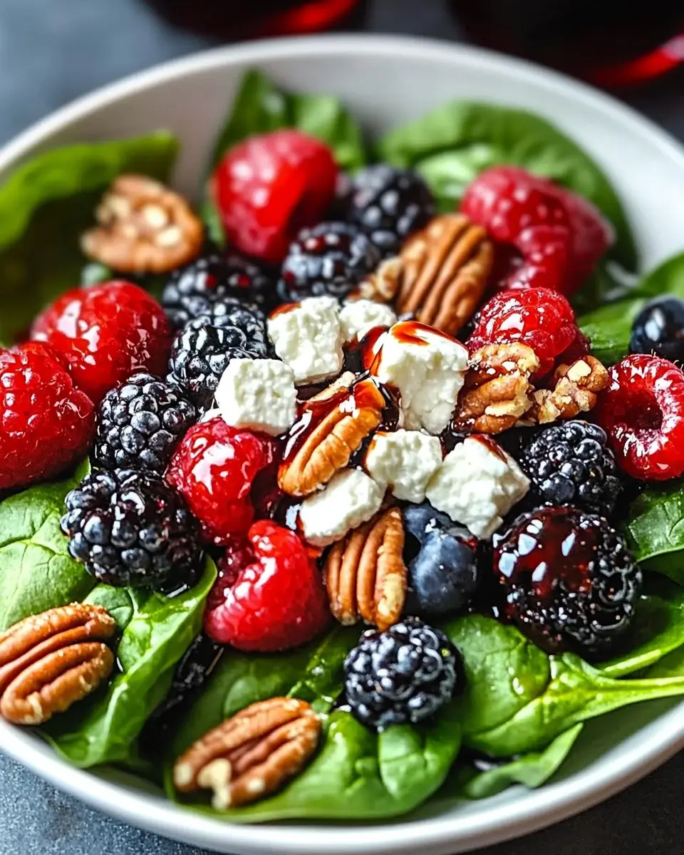 Berry Spinach Salad with Pecans, Feta, and Balsamic Glaze delights your taste buds!