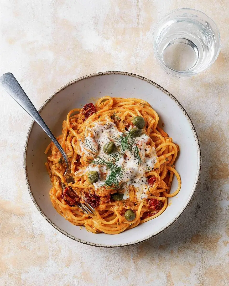Creamy Sun-Dried Tomato Pasta with Capers and Dill delights!