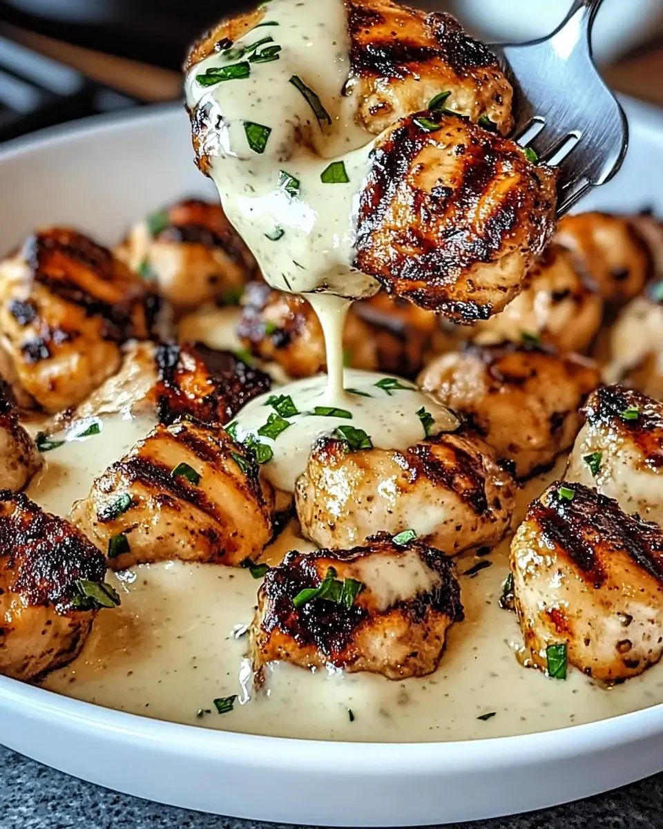 Grilled Chicken Bites with Creamy Garlic Sauce are irresistible!