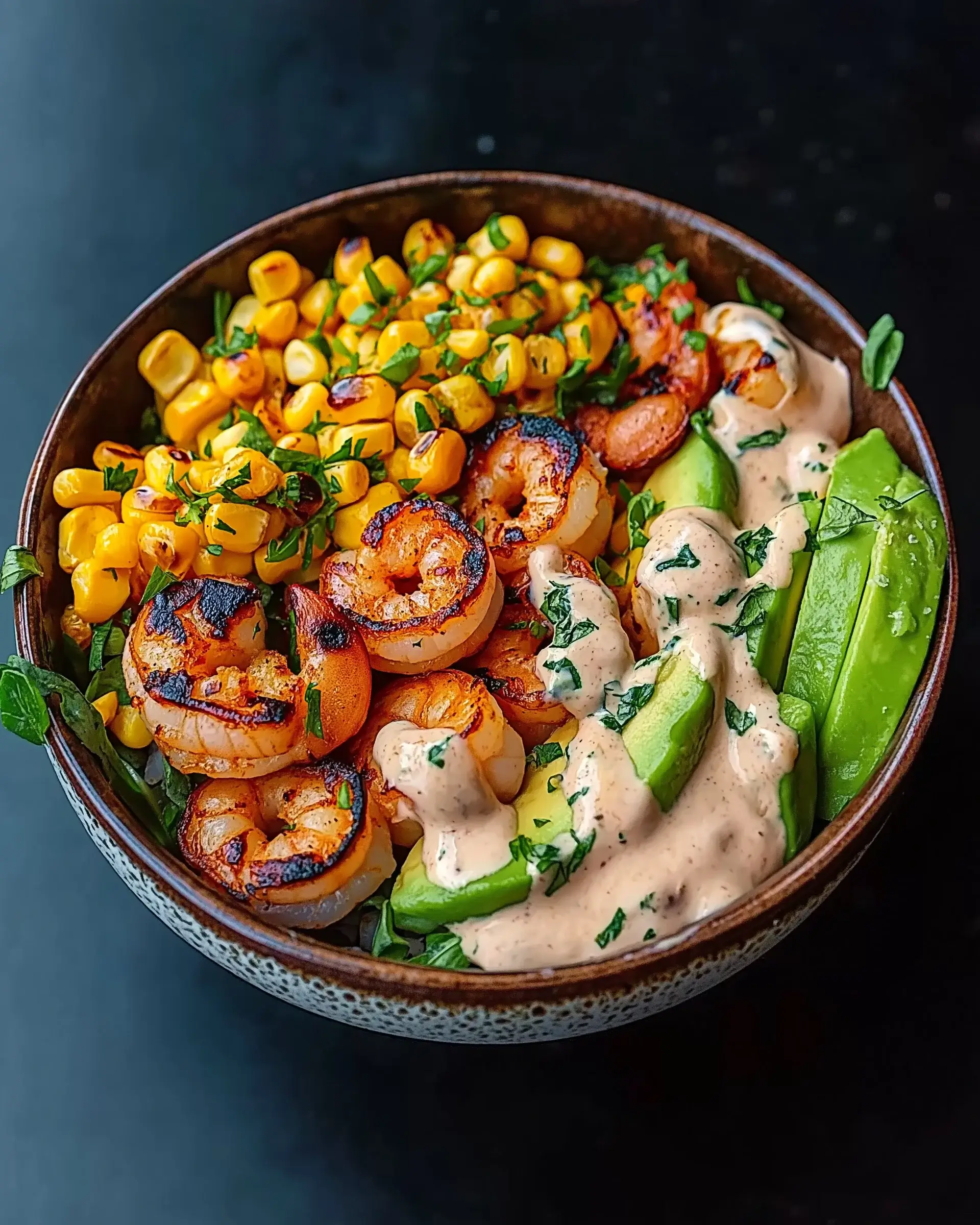 Grilled Shrimp Bowl with Avocado, Corn Salsa & Creamy Sauce delights your taste buds!
