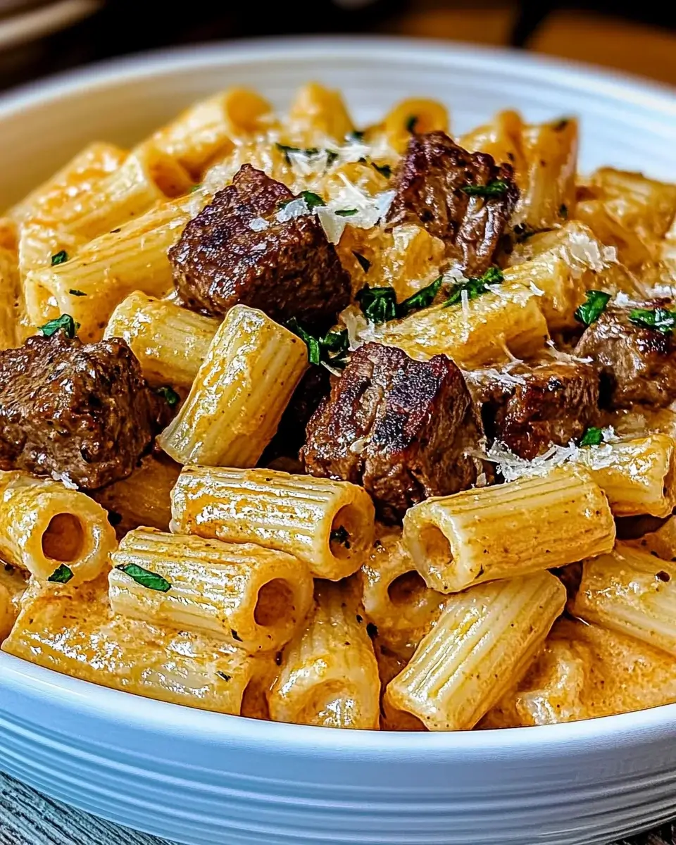 Cajun Steak Tips in Cheesy Rigatoni Parmesan Sauce explode with flavor!