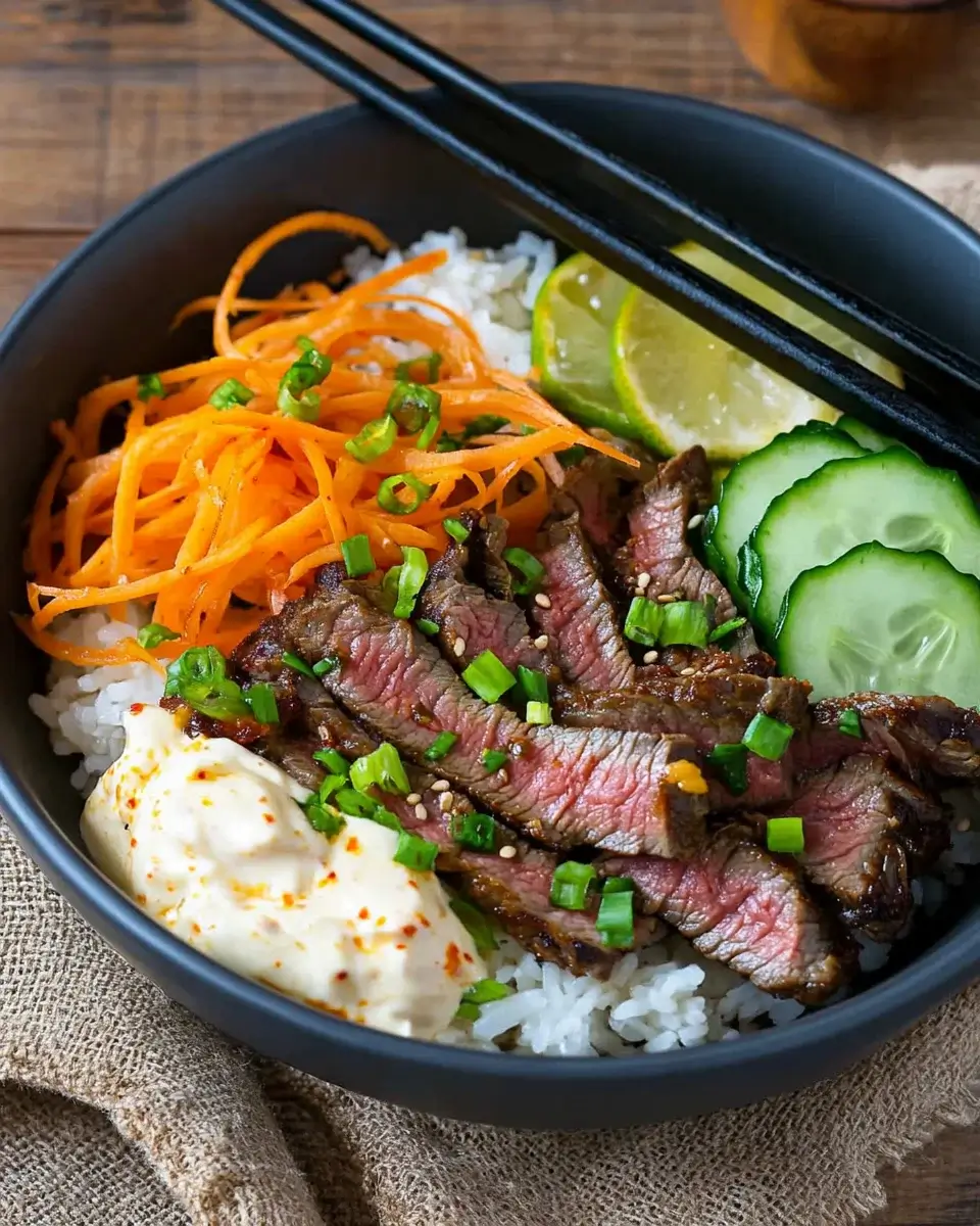 Korean BBQ Steak Rice Bowls with Spicy Cream Sauce Delight!