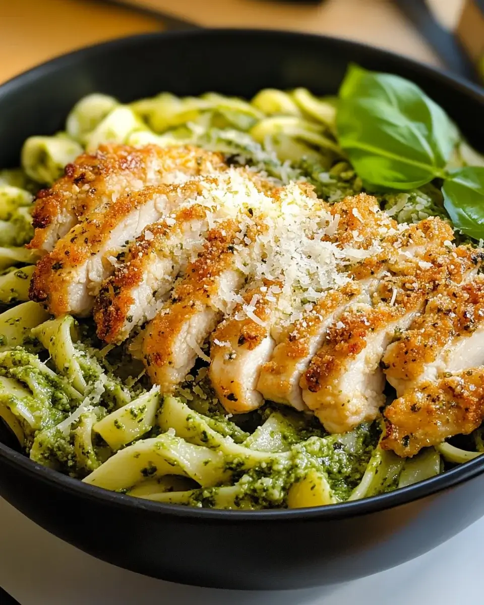 Pesto Pasta with Crispy Parmesan Chicken is irresistible!