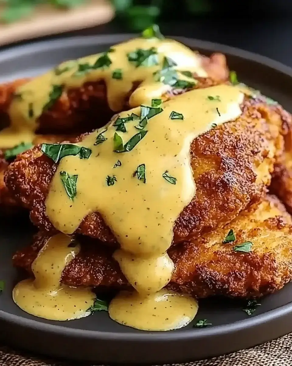 Pretzel Chicken with Mustard-Cheddar Sauce is a delight!