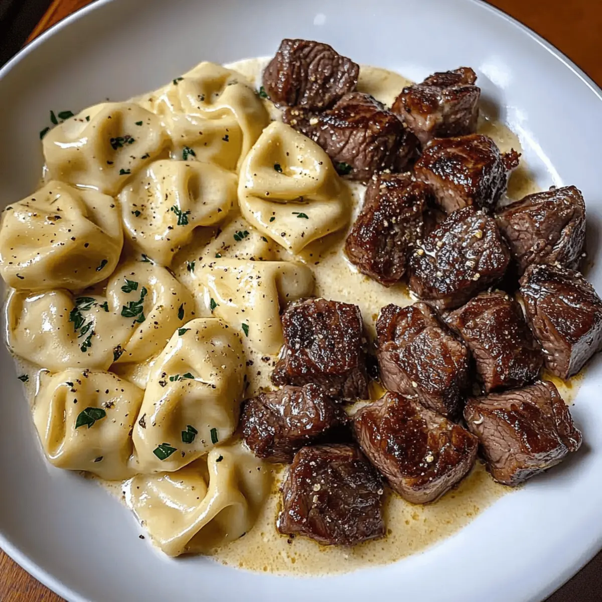 Sizzling Butter Steak Bites with Velvety Alfredo Tortellini Delight