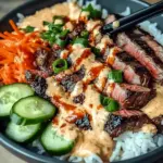 Korean BBQ Steak Rice Bowls with Spicy Cream Sauce