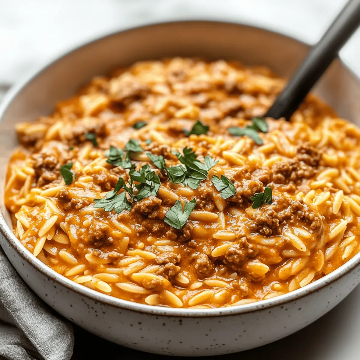 Savory Ground Beef Orzo with Creamy Tomato Sauce Bliss
