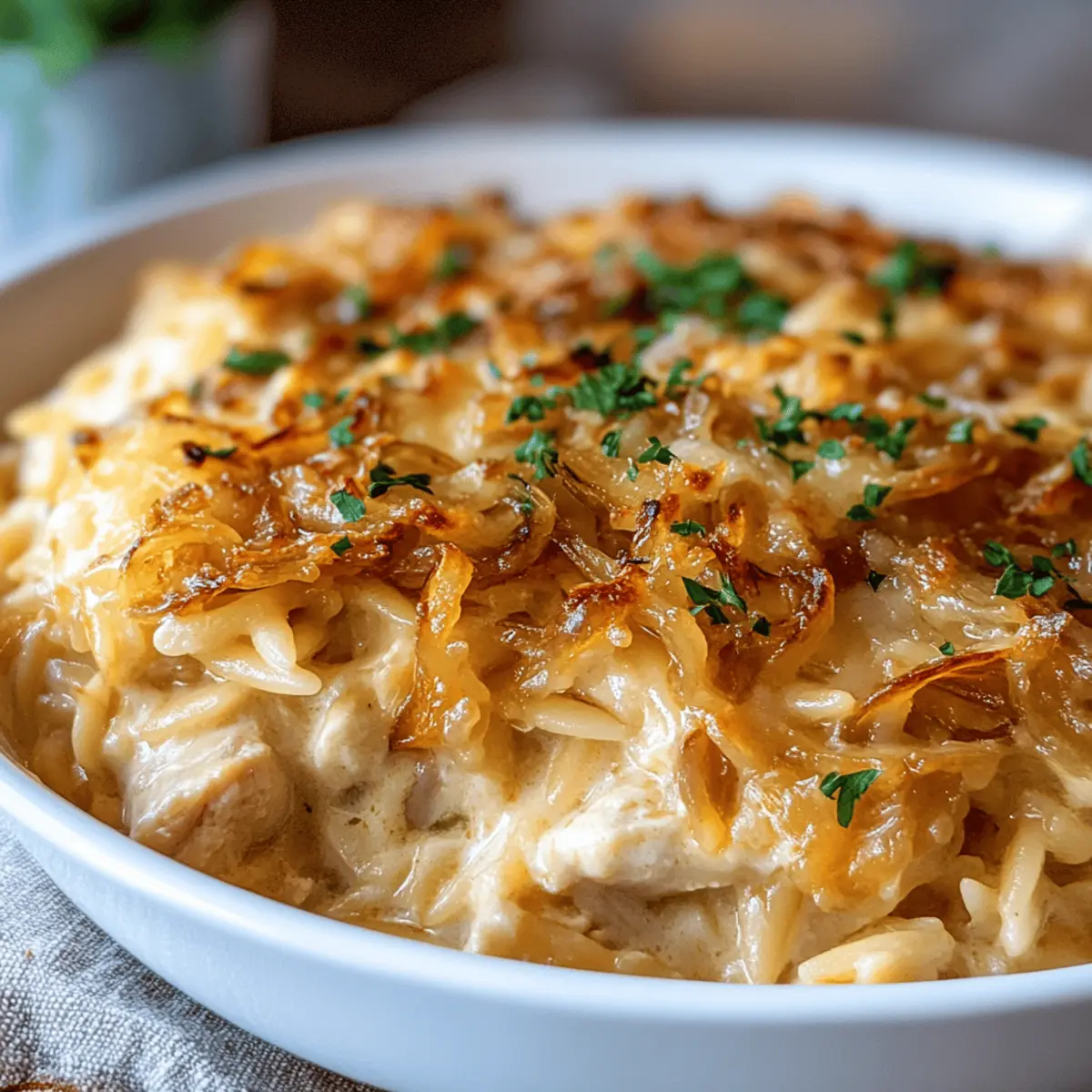 French Onion Chicken Orzo Casserole for Cozy Nights In