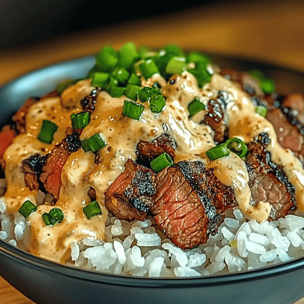 Savor Korean BBQ Steak Rice Bowls with Spicy Cream Sauce