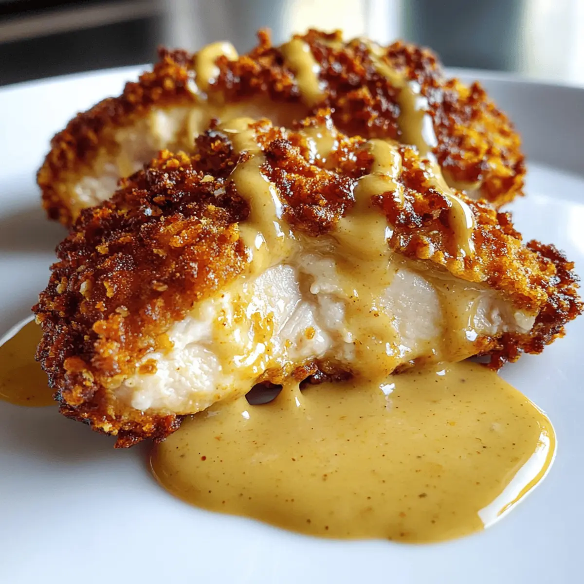 Crispy Pretzel Chicken with Creamy Mustard-Cheddar Sauce