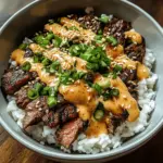 Korean BBQ Steak Rice Bowls with Spicy Cream Sauce