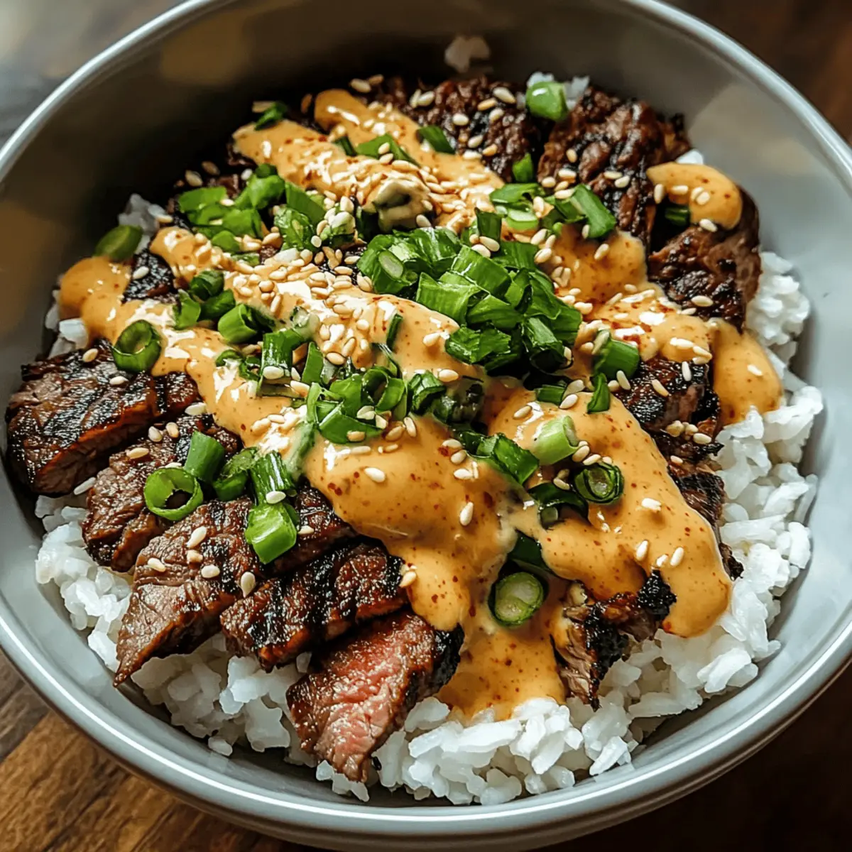 Savor Korean BBQ Steak Rice Bowls with Spicy Cream Sauce
