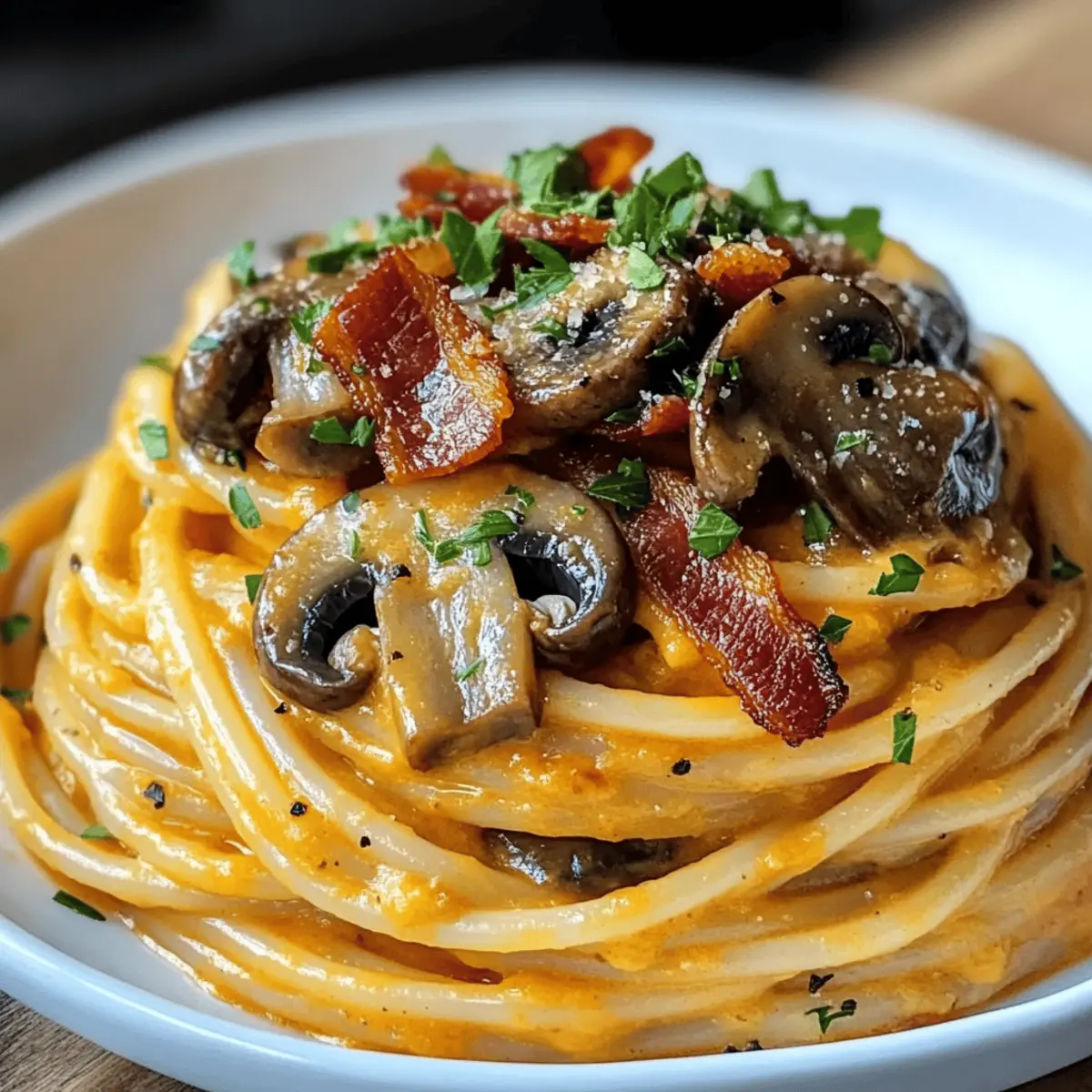 Creamy Pumpkin & Mushroom Spaghetti with Crispy Bacon Bliss