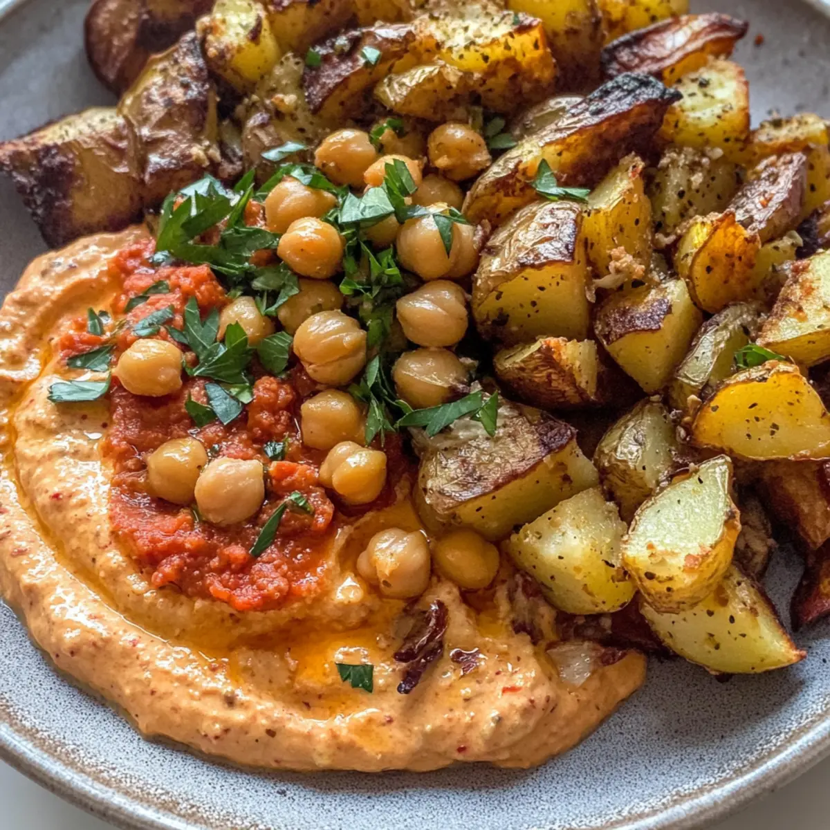 Irresistible Red Pepper Feta Dip with Roasted Potatoes & Chickpeas