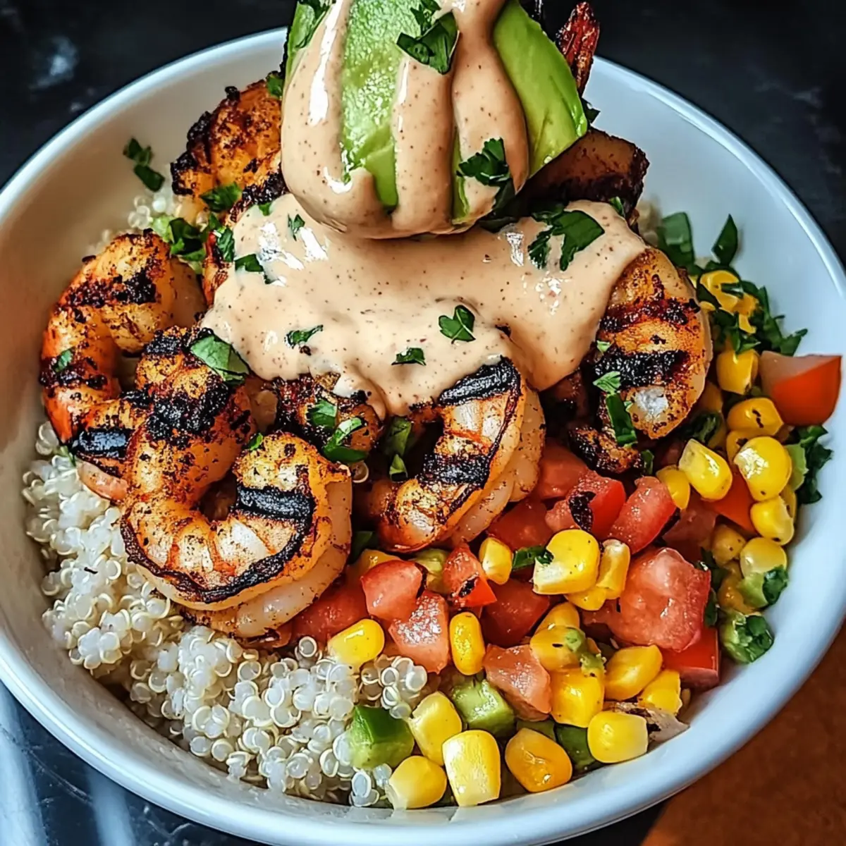 Grilled Shrimp Bowl with Avocado, Corn Salsa & Creamy Sauce Bliss