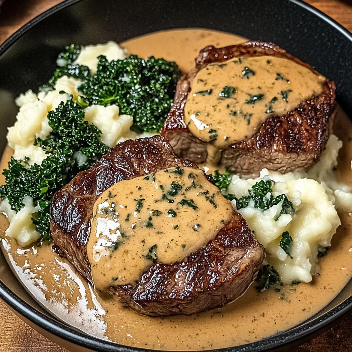 Garlic Irish Steaks with Whiskey Cream and Colcannon Bliss