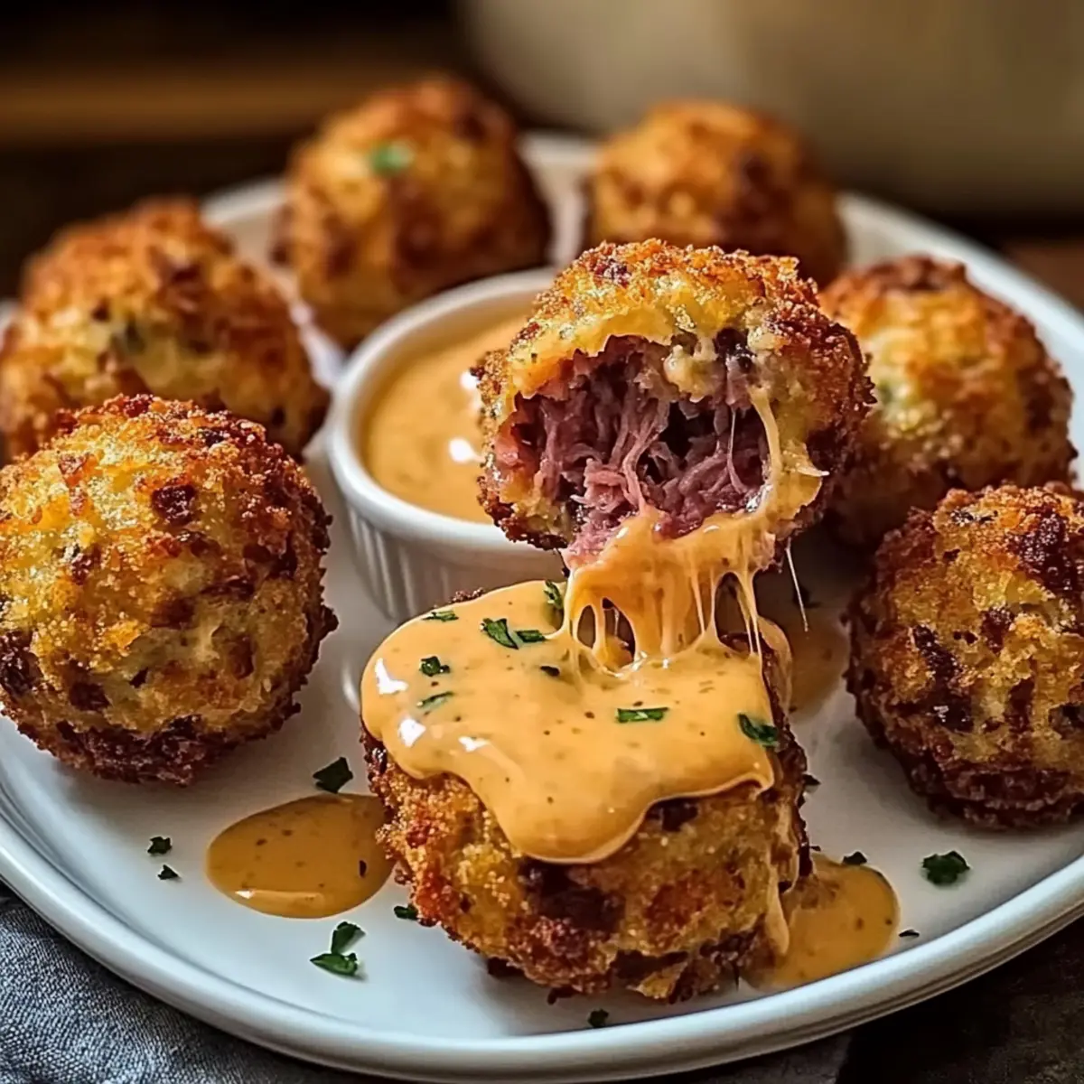 Crispy Reuben Balls with Spicy Thousand Island Dip Delight