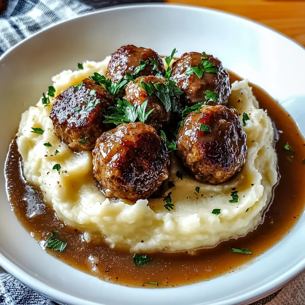 Salisbury Steak Meatballs with Garlic Herb Mashed Potatoes Delight