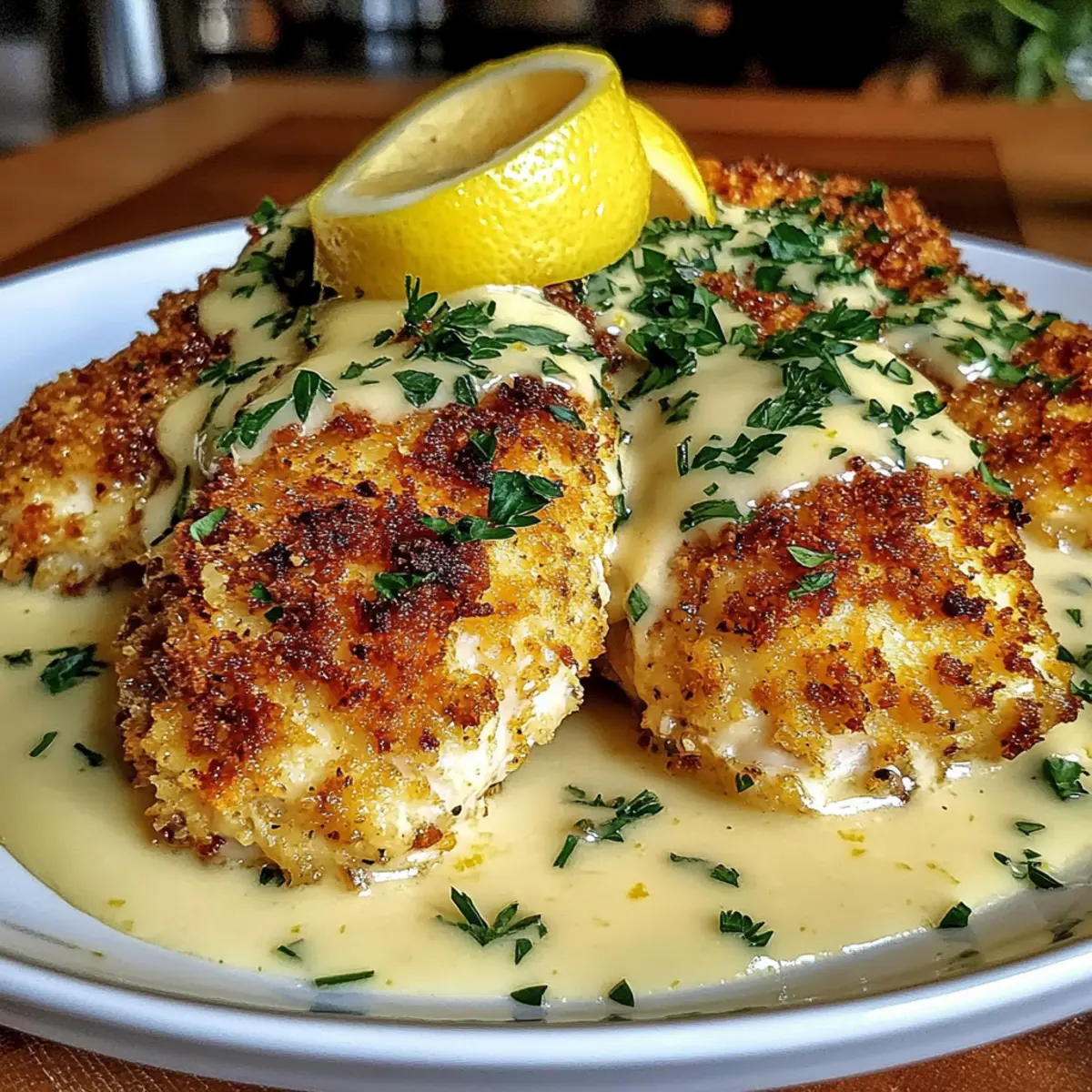 Crispy Lemon Pecorino Crusted Chicken with Creamy Sauce