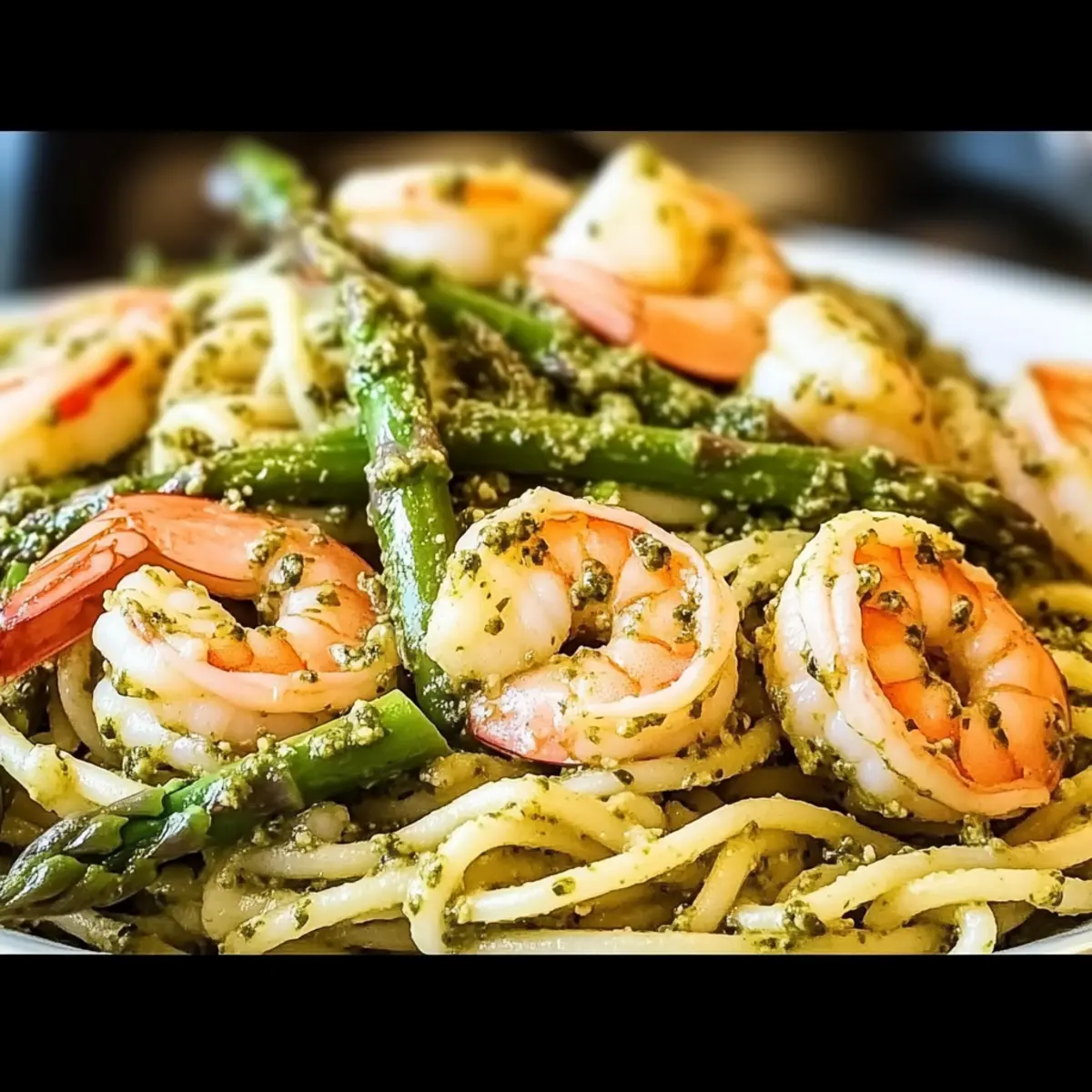 Quick and Creamy Pesto Shrimp Asparagus Pasta Delight