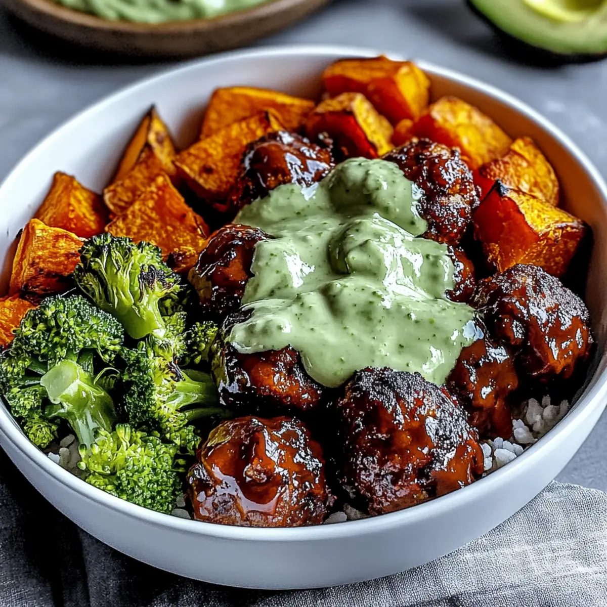 Barbecue Meatball Bowls with Creamy Avocado Sauce Delight