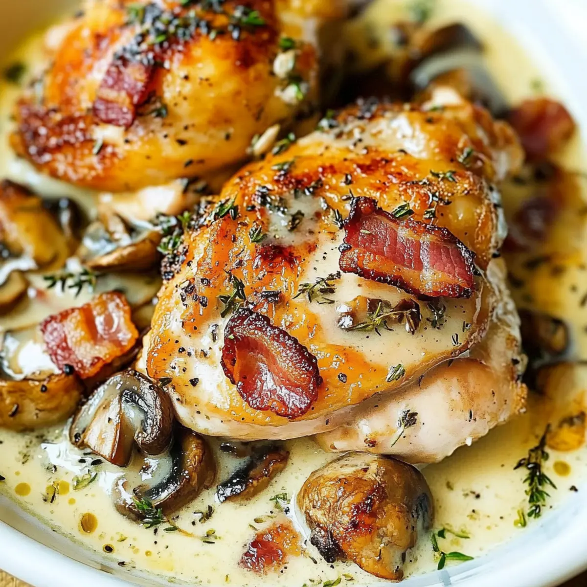 Creamy Bacon Mushroom Thyme Sauce on Juicy Chicken Thighs