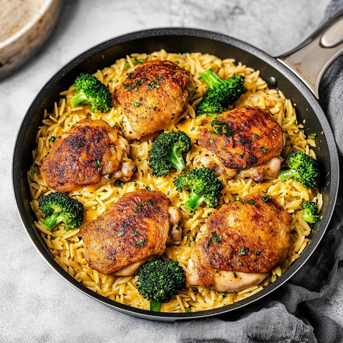 Skillet Chicken Thighs with Broccoli Cheddar Orzo Bliss