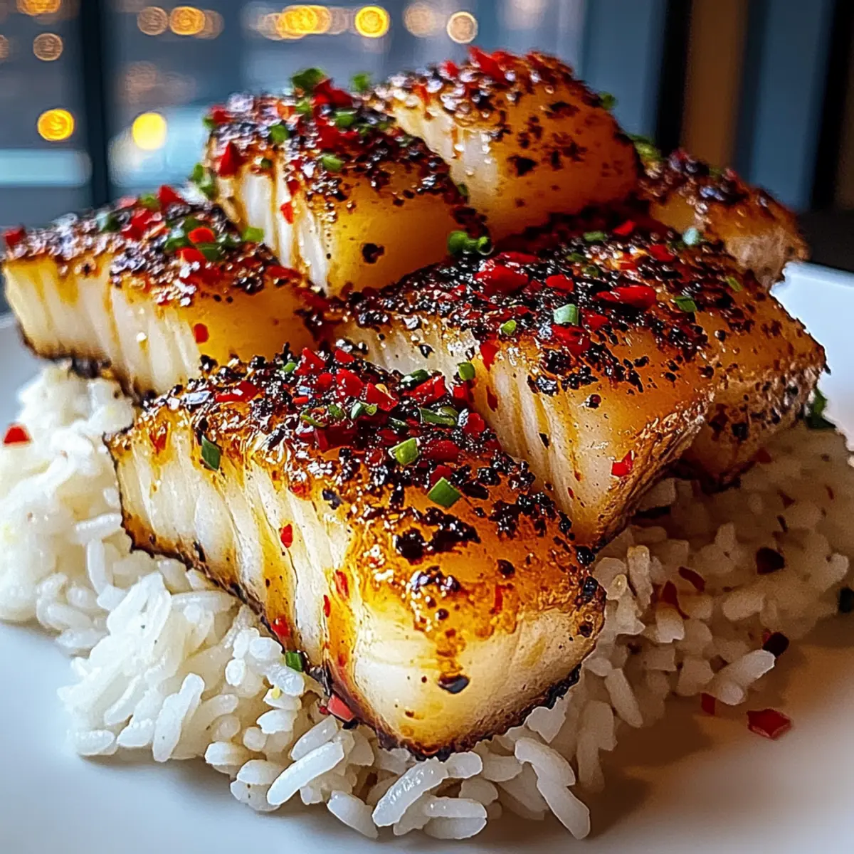 Sweet and Spicy Cod Strips with Rice and Zesty Garlic Drizzle