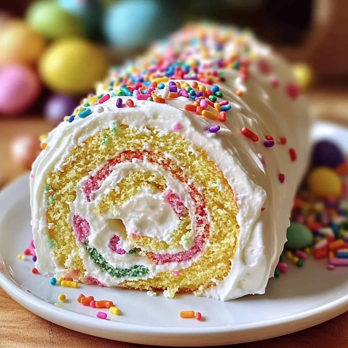 Delightful Easter Cake Roll with Cream and Colorful Sprinkles