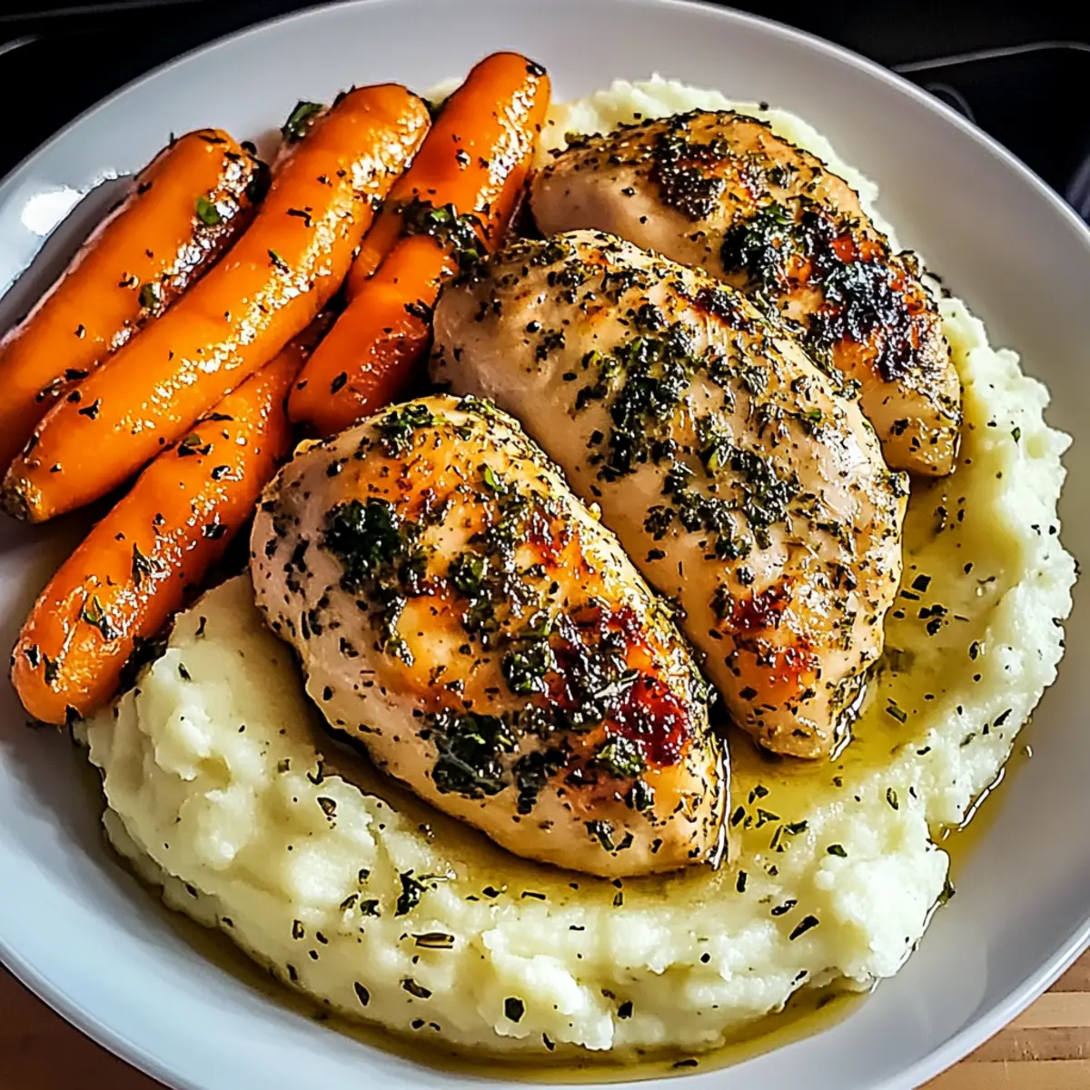 Savory Garlic Herb Chicken with Creamy Mashed Potatoes and Glazed Carrots