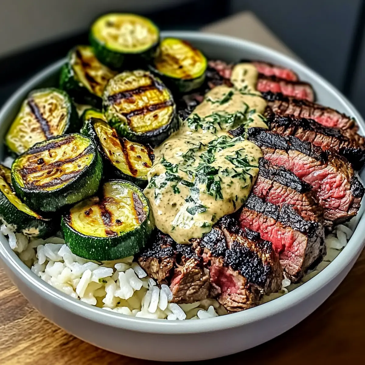 Grilled Steak Bowl with Sauce & Grilled Zucchini Delight