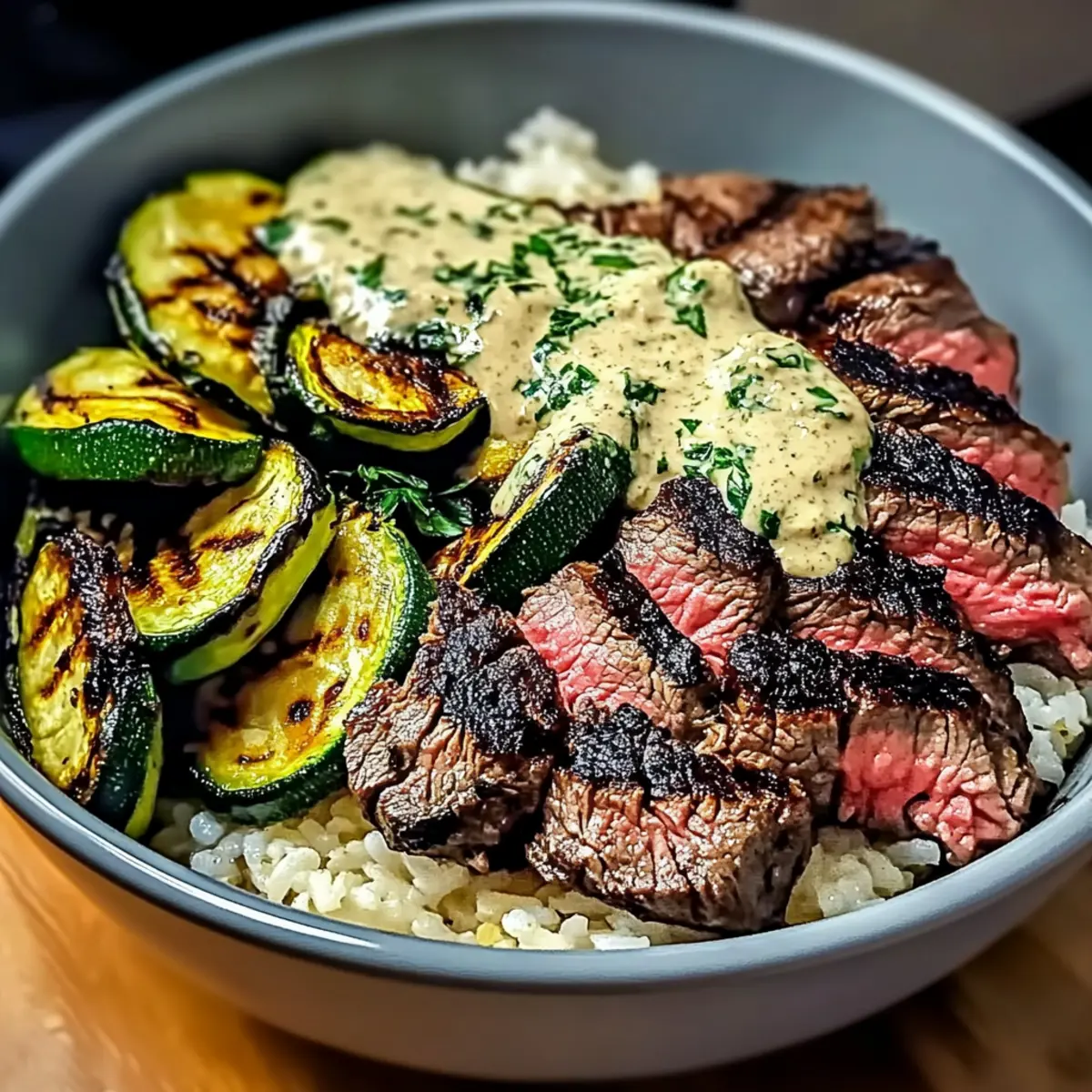 Grilled Steak Bowl with Sauce & Smoky Grilled Zucchini Bliss
